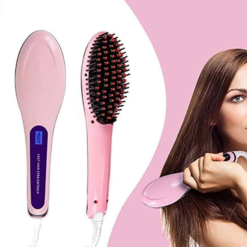 Electric Hair Straightening Comb With LCD Display- Pink - Beihasara
